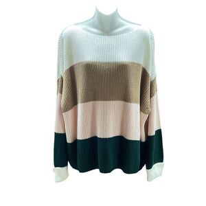 French Connection Sweater Drop Shoulder White Tan Pink Green Stripe Ribbed Large